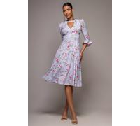 Goddiva Women's Floral Printed Flared Sleeve Midi Dress in Lilac | Size: 12