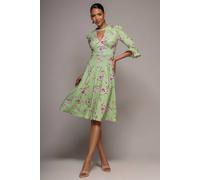 Goddiva Women's Floral Printed Flared Sleeve Midi Dress in Pale Green | Size: 10