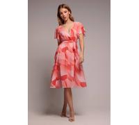 Goddiva Women's Floral Printed Flutter Sleeve Chiffon Midi Dress in Coral | Size: 10