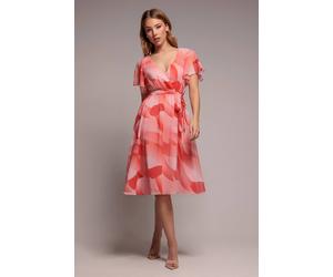 Goddiva Women's Floral Printed Flutter Sleeve Chiffon Midi Dress in Coral | Size: 10