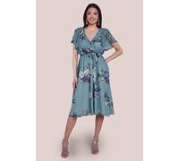 Goddiva Women's Floral Printed Flutter Sleeve Chiffon Midi Dress in Duck Egg Blue | Size: 14