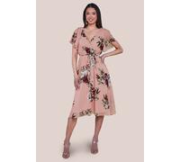 Goddiva Women's Floral Printed Flutter Sleeve Chiffon Midi Dress in Peach | Size: 16 Goddiva Peach 16