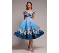 Goddiva Women's Floral Printed Scuba Foam Skater Dress in Blue | Size: 10 Goddiva Blue 10