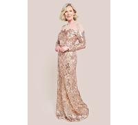 Goddiva Women's Floral Sequin Mesh Maxi Dress in Medium Beige | Size: 10 Goddiva Medium Beige 10