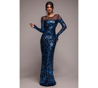 Goddiva Women's Floral Sequin Mesh Maxi in Navy | Size: 8 Goddiva Navy 8