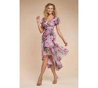 Goddiva Women's Floral Wrap High & Low Midaxi Dress in Light Beige | Size: 16 Goddiva Light Beige 16