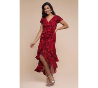 Goddiva Women's Floral Wrap High & Low Midaxi Dress in Red | Size: 16 Goddiva Red 16