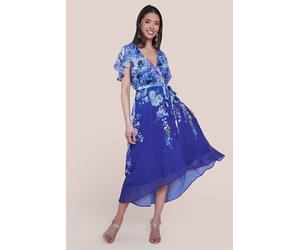 Goddiva Women's Flutter Sleeve A Line Chiffon Floral Printed Midi Dress in Cobalt | Size: 10
