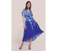 Goddiva Women's Flutter Sleeve A Line Chiffon Floral Printed Midi Dress in Cobalt | Size: 10 Goddiva Cobalt 10