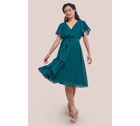 Goddiva Women's Flutter Sleeve Chiffon Wrap Midi Dress in Green | Size: 12 Goddiva Green 12