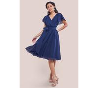 Goddiva Women's Flutter Sleeve Chiffon Wrap Midi Dress in Navy | Size: 6 Goddiva Navy 6