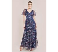 Goddiva Women's Flutter Sleeve Floral Embroidered Maxi in Navy | Size: 10 Goddiva Navy 10