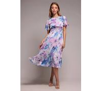 Goddiva Women's Flutter Sleeve Pleated Skirt Floral Midi Dress in Blue | Size: 10