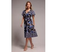 Goddiva Women's Flutter Sleeve Printed Midi Dress in Navy | Size: 10 Goddiva Navy 10