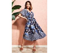 Goddiva Women's Flutter Sleeve Printed Midi Dress in Navy | Size: 8 Goddiva Navy 8