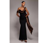 Goddiva Women's Foil Chiffon Cowl One Shoulder Cape Maxi Dress in Black | Size: 16 Goddiva Black 16