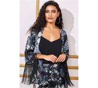 Goddiva Women's Foil Print Kimono With Tassels in Black | Size: 8