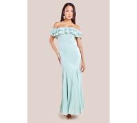 Goddiva Women's Frilled Off-The Shoulder Pleated Chiffon Maxi Dress in Pale Green | Size: 18 Goddiva Pale Green 18