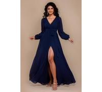 Goddiva Women's Front Split Wrap Style Chiffon Maxi Dress in Navy | Size: 14 Goddiva Navy 14