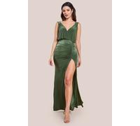 Goddiva Women's Front Wrap Gathered Maxi Dress in Olive | Size: 14 Goddiva Olive 14