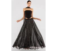 Goddiva Women's Gathered A Line Glitter Chiffon Maxi Skirt in Black | Size: Medium Goddiva Black M