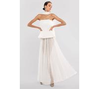 Goddiva Women's Gathered A Line Glitter Chiffon Maxi Skirt in Cream | Size: Large