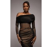 Goddiva Women's Gathered Bardot Asymmetric Mesh Panel Top in Black | Size: 16