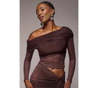 Goddiva Women's Gathered Bardot Asymmetric Mesh Panel Top in Brown | Size: 8