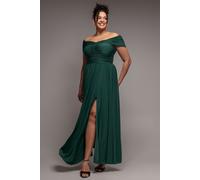 Goddiva Women's Gathered Bardot Bodice Front Split Maxi Dress in Green | Size: 22 Goddiva Green 22
