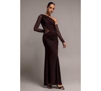 Goddiva Women's Gathered Cowl Asymmetric Mesh & Soft Touch Maxi Dress in Brown | Size: 12