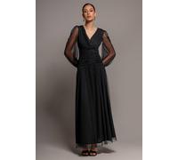 Goddiva Women's Gathered Long Balloon Sleeve A Line Mesh Maxi Dress in Black | Size: 18
