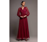 Goddiva Women's Gathered Long Balloon Sleeve A Line Mesh Maxi Dress in Magenta | Size: 8