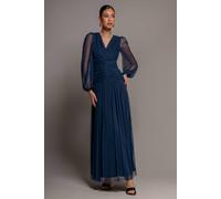 Goddiva Women's Gathered Long Balloon Sleeve A Line Mesh Maxi Dress in Navy | Size: 10