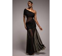 Goddiva Women's Gathered One Shoulder Sheer Panel Maxi Dress in Black | Size: 16