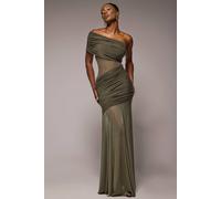 Goddiva Women's Gathered One Shoulder Sheer Panel Maxi Dress in Khaki | Size: 12 Goddiva Khaki 12