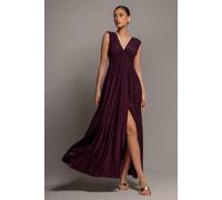 Goddiva Women's Gathered Shoulder Wrap Neck Draped Waist Maxi Dress in Burgundy | Size: 14