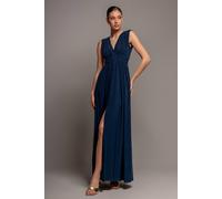 Goddiva Women's Gathered Shoulder Wrap Neck Draped Waist Maxi Dress in Navy | Size: 12