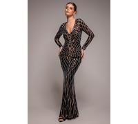 Goddiva Women's Geo Sequin Long Sleeve Maxi Dress in Black | Size: 8 Goddiva Black 8