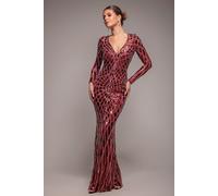 Goddiva Women's Geo Sequin Long Sleeve Maxi Dress in Wine | Size: 12 Goddiva Wine 12
