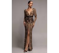 Goddiva Women's Geometric Sequin Plunge Maxi Dress in Black | Size: 10