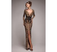 Goddiva Women's Geometric Sequin Plunge Maxi in Black | Size: 10 Goddiva Black 10