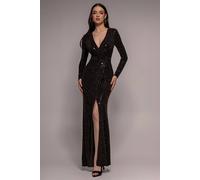 Goddiva Women's Glitter Sparkling Long Sleeve Wrap Maxi Dress in Black | Size: 10
