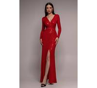 Goddiva Women's Glitter Sparkling Long Sleeve Wrap Maxi Dress in Red | Size: 16