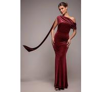 Goddiva Women's Glitter Velvet Sash One Shoulder Bardot Maxi Dress in Wine | Size: 14