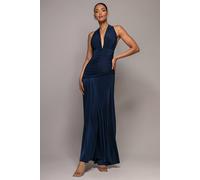 Goddiva Women's Halter Neck Empire Waist Gathered Maxi Dress in Navy | Size: 10
