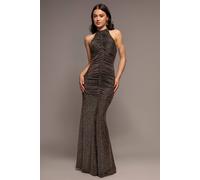 Goddiva Women's Halter Neck Front Gathered Backless Glitter Maxi Dress in Gold | Size: 12