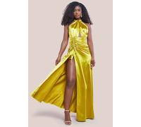 Goddiva Women's Halter Neck Front Split Satin Maxi Dress in Lime | Size: 10 Goddiva Lime 10