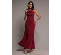 Goddiva Women's Halterneck Cowl Neck Backless Scuba Crepe Maxi Dress in Burgundy | Size: 18