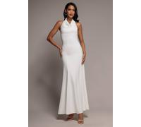 Goddiva Women's Halterneck Cowl Neck Backless Scuba Crepe Maxi Dress in White | Size: 14