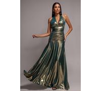 Goddiva Women's Halterneck Empire Waist Gathered Sunrise Foil Maxi Dress in Gold | Size: 12